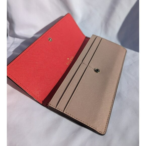 Kate Spade Slim Bifold Envelope Style Wallet Clutch Red/Orange? Beige Gold - Picture 6 of 12